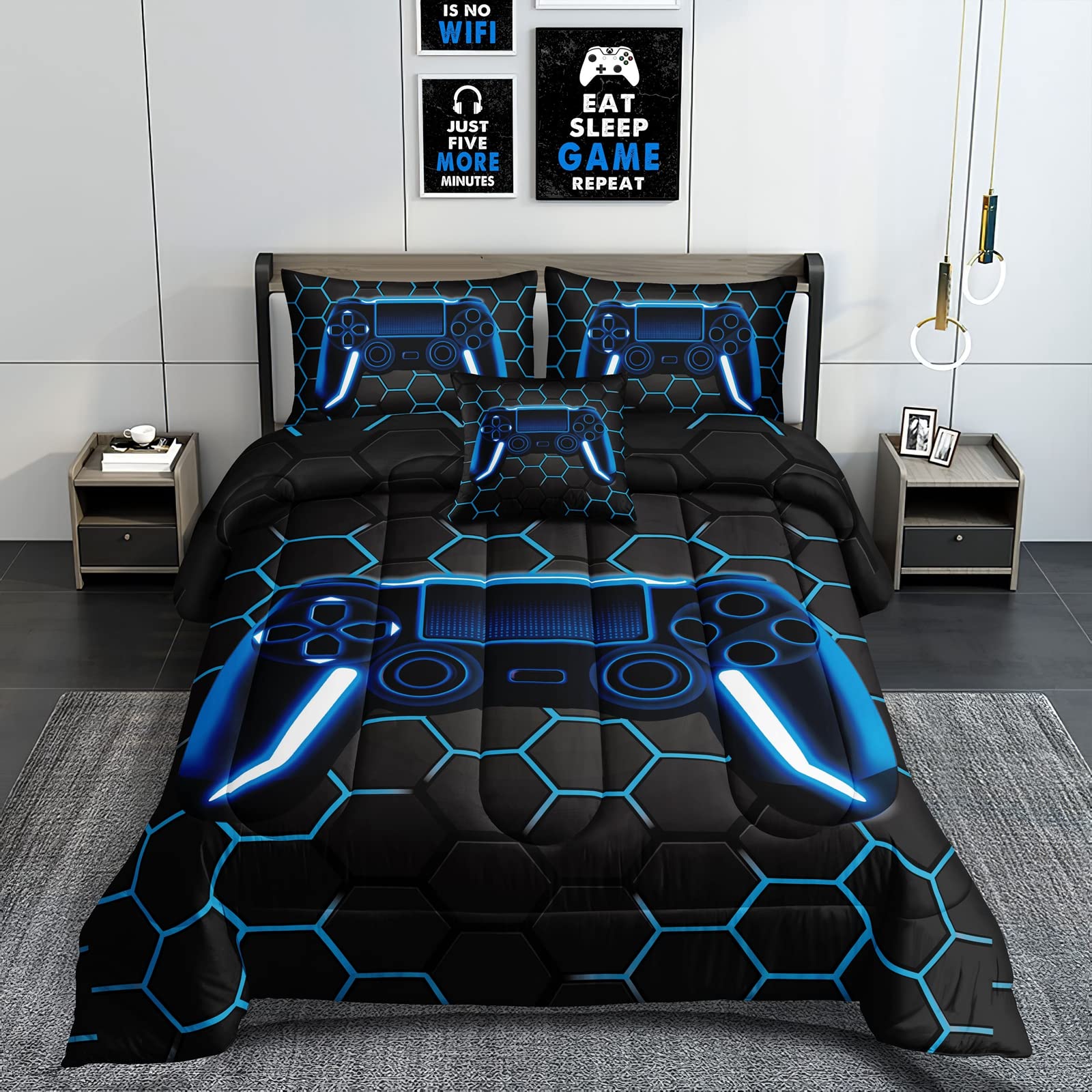 Rowadalo 6 Pieces Gaming Bedding Set For Boys Gamer Comforter Set Full Size,Game Controller Comforter For Boys Kids Teen 3D Game